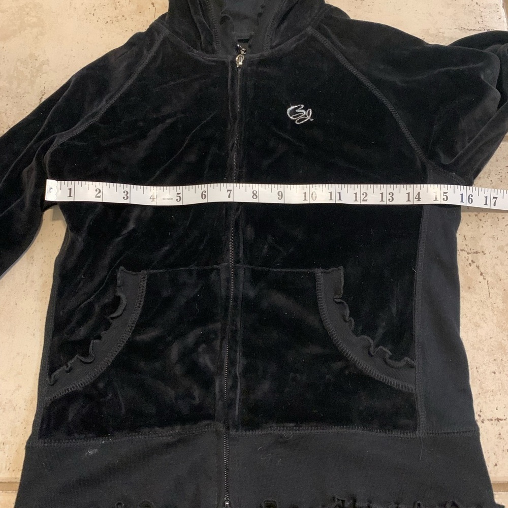 Y2K Black Velour Zip-Up Cropped Hoodie | Ruffle Trim S/P - Picture 5 of 7